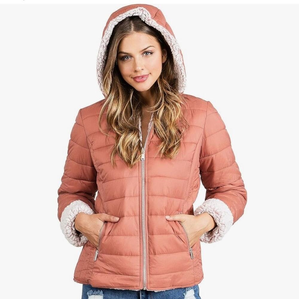 Love Tree Clay / Cream Reversible Teddy Bear Hooded Puffer Jacket Size L